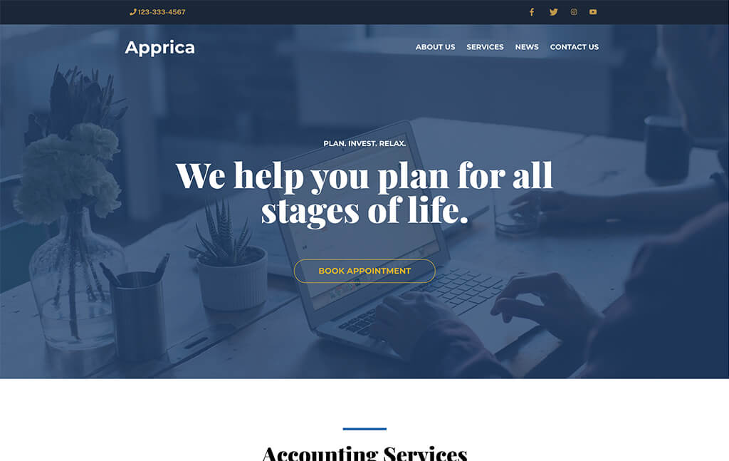Screenshot of a financial advisor website template called Apprica by Advisor Designs
