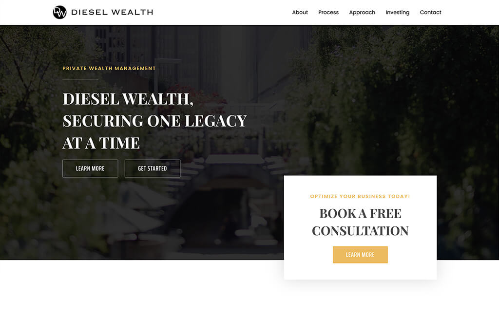 Screenshot of a financial advisor website template called Diesel by Advisor Designs