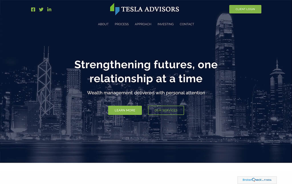 Screenshot of a financial advisor website template called Tesla by Advisor Designs