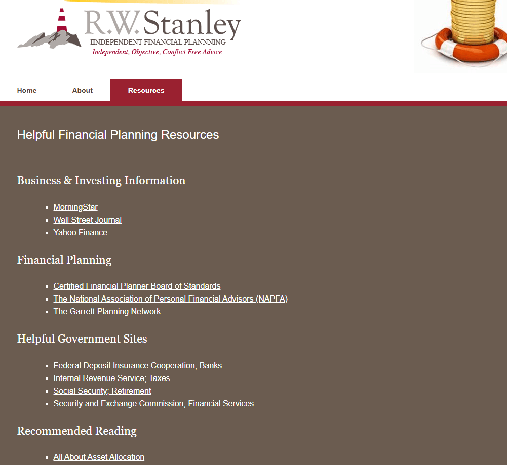 web page design with hyperlink list of resources