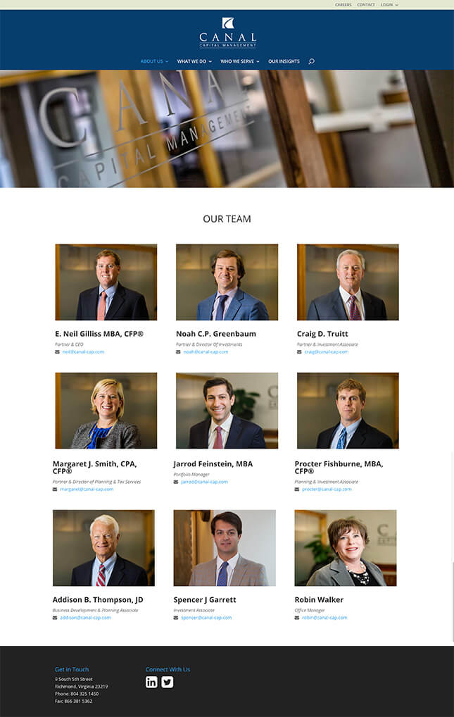 Financial advisor website case study of Canal Capitol Management our team web page