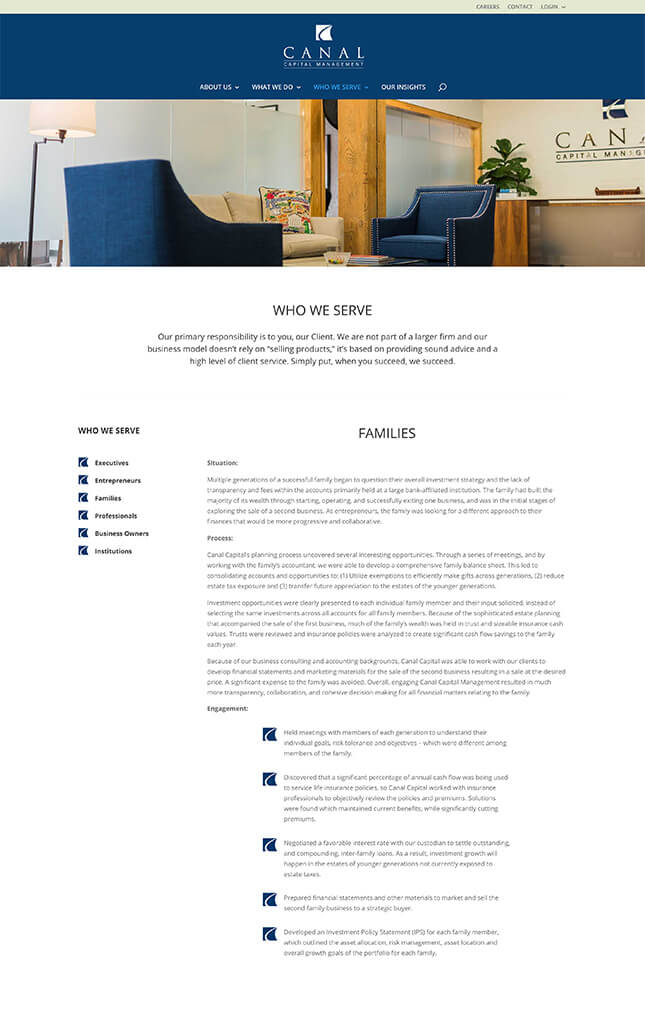 Financial advisor website case study of Canal Capitol Management who we are web page