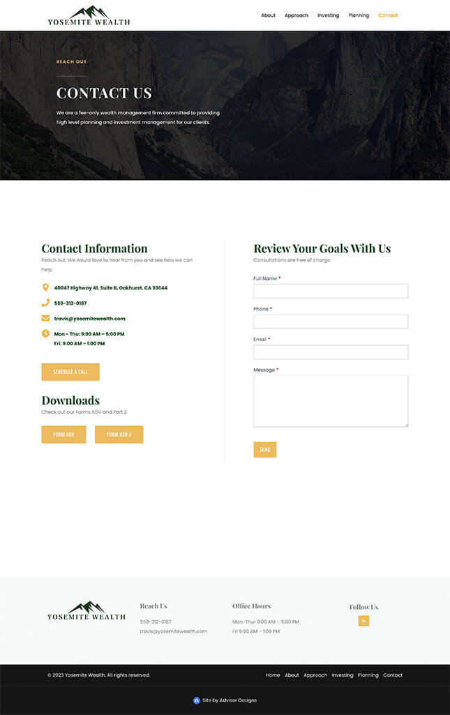 Financial advisor website case study of Yosemite Wealth contact us web page