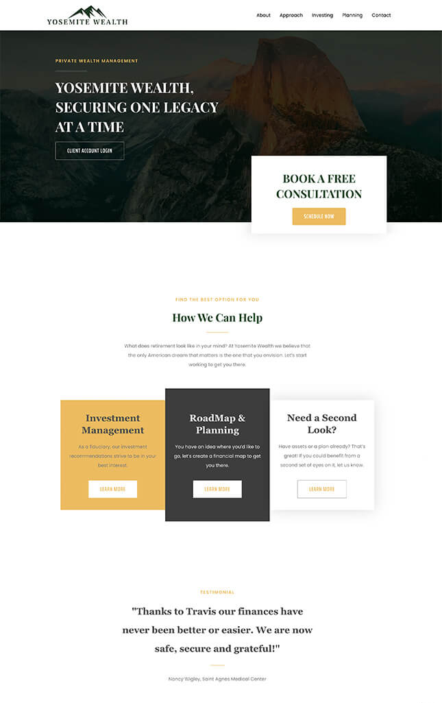 Financial advisor website case study of Yosemite Wealth home web page