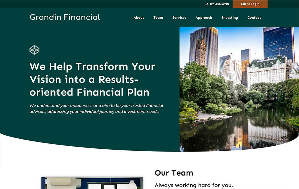 Screenshot of a financial advisor website template called Grandin by Advisor Designs