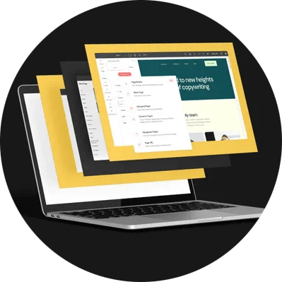 Laptop with three 2D browser windows layered from the screen
