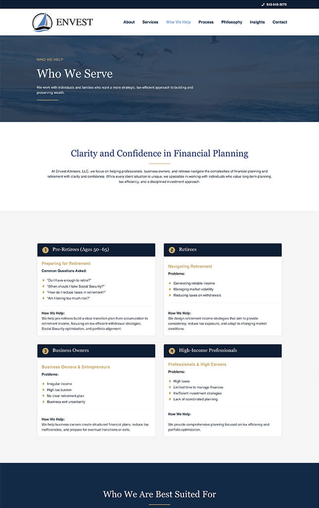 Financial advisor website case study of Envest Advisors Who We Serve web page